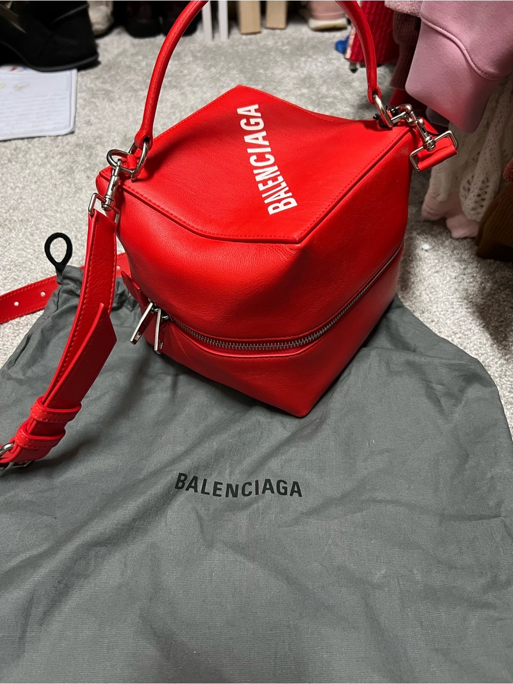 Balenciaga Red Leather Cube Crossbody Bag